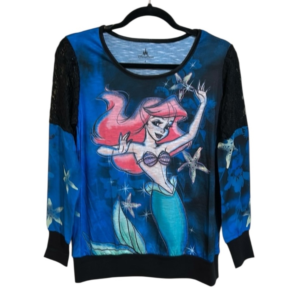 Disney Ariel The Little Mermaid Lace Sleeve Top Blue Graphic Shirt Small